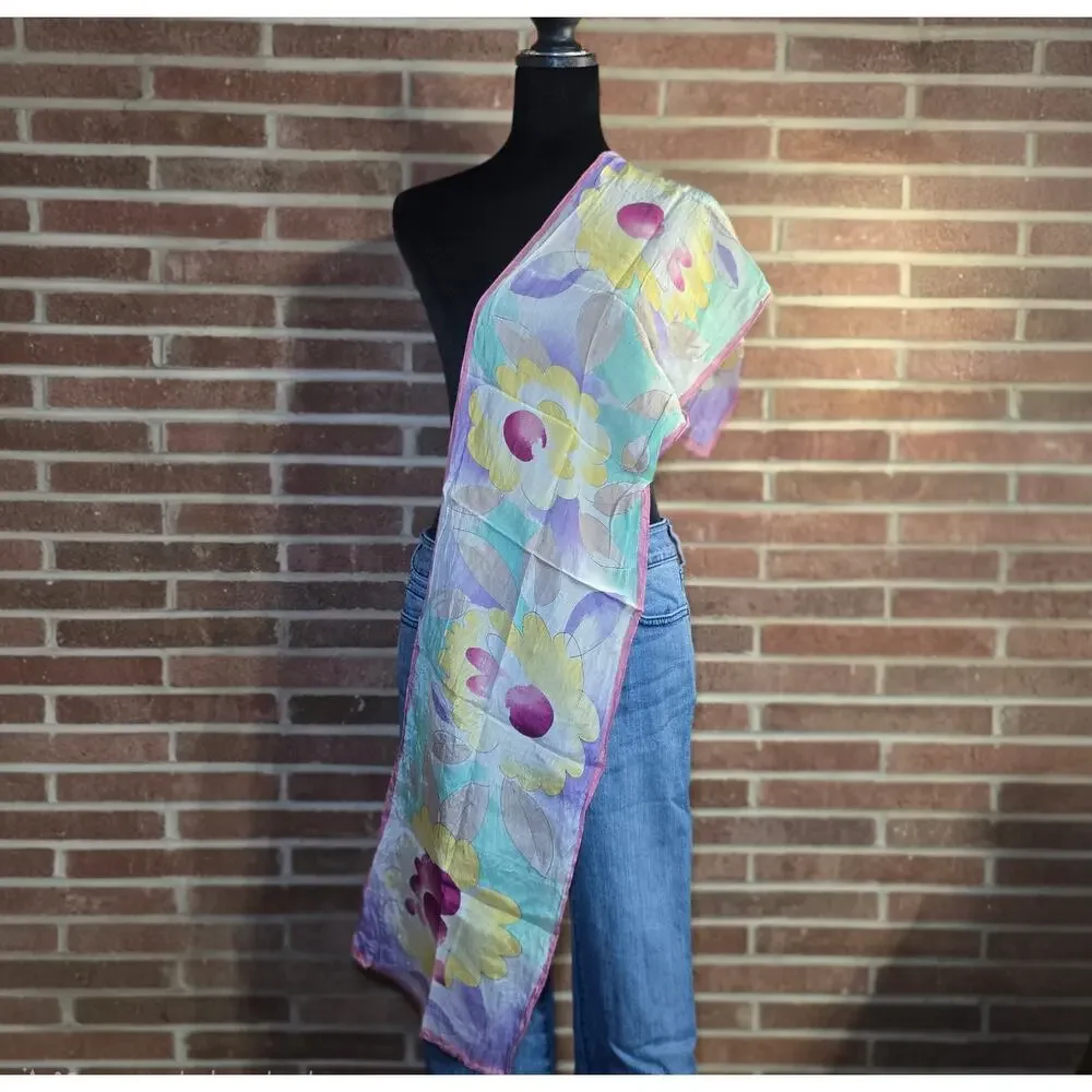 Vintage Revelli 100% Silk Pastel Floral Scarf Watercolor Sheer Frayed Fringe